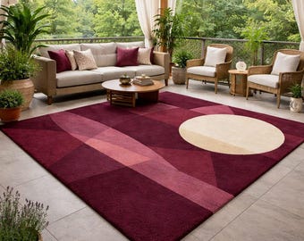Handgetufteter Teppich im Mid-Century-Modern-Stil mit geometrischem Muster | Burgunderrot-Creme-Farben für das Wohnzimmer