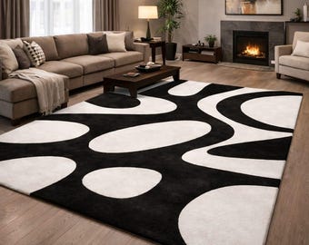 Black White Abstract Rug, Modern Geometric, Hand Tufted Wool Rug Living Room, Office 8×10 9×12 10×14