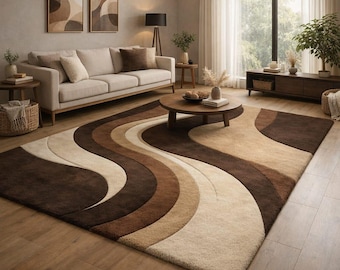 8×10ft Custom Hand Tufted Rug Abstract Wave Rug Brown&Beige Living Room, Office