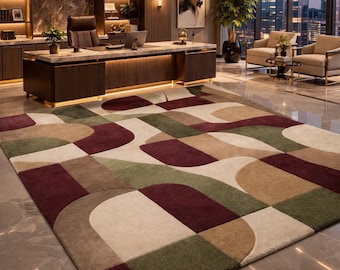 8x10ft Modern Abstract Geometric Rug, Hand Tufted Carpet, Green Burgundy Beige Living Room