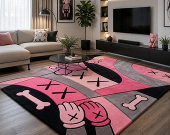 9×12ft KAWS Hand Tufted Rug, Pink Abstract Area Carpet Living room