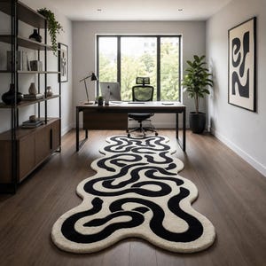 Hand Tufted Wool Runner Rug, Modern Abstract Black Cream Design (2x12 ft)