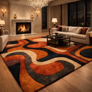 modern abstract area rug burnt orange beige black geometric design