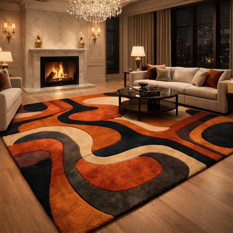 modern abstract area rug burnt orange beige black geometric design