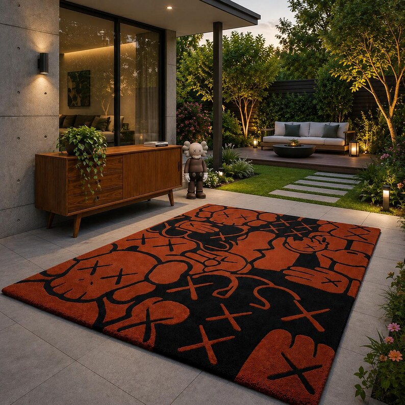 Artistic tufted carpet featuring modern urban artwork and vibrant orange tones.