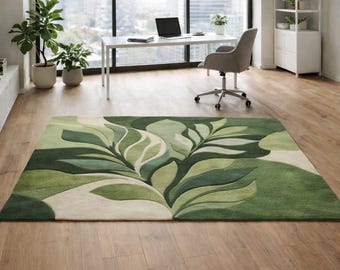 8 x 3 m groen botanisch handgetuft vloerkleed, modern vloerkleed met blad, wollen woonkamertapijt