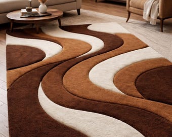 Hand Tufted Wool Rug | Brown Cream Abstract Wave Carpet for Living Room