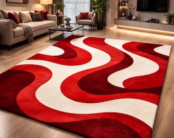 Custom Hand Tufted Area Rug | Abstract wavy Rug Red and ivory Handmade bedroom Living Room bedroom and office Carpet