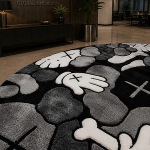 Handmade black grey aesthetic rug for bedroom decor