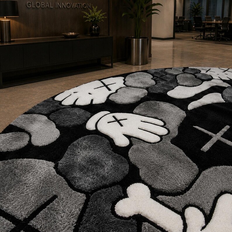 Handmade black grey aesthetic rug for bedroom decor