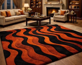 Hand Tufted Wool Abstract Wave Rug, Burnt Orange Black Area Carpet Living Room decor