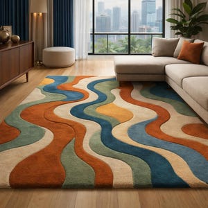 8x10ft Modern Abstract Rug, Colorful Wavy Mid Century Carpet, Handmade Tufted Rug, Living Room