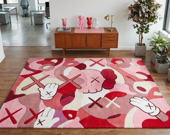 Alfombra abstracta de 6x9 pies tejida a mano inspirada en Kaws, color rosa y rojo, para sala de estar.
