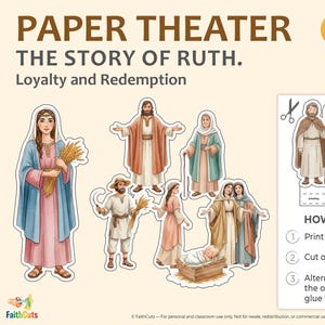 May include: Printable paper theater set featuring illustrations of characters from the biblical story of Ruth. The figures include Ruth, Boaz, and others, with instructions for cutting and assembly. The set is designed for A4 and US Letter paper.