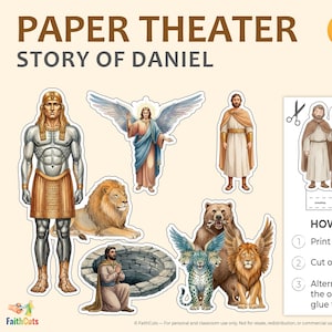 May include: Printable paper theater set featuring cut-out figures illustrating the Story of Daniel. Includes figures of Daniel, an angel, lions, a bear, and other characters. Instructions are provided for use.