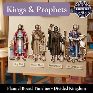 May include: A flannel board timeline featuring illustrations of biblical figures, including King Ahab, Prophet Micah, Prophet Elijah, and King Jehoshaphat. The title "Kings & Prophets" is displayed above the figures. The words "Flannel Board Timeline • Divided Kingdom" are at the bottom.