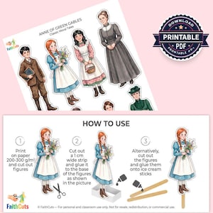 Puede incluir: PDF imprimible con mu&ntilde;ecas de papel de "Ana de las Tejas Verdes". Las ilustraciones representan personajes con ropa de &eacute;poca, incluyendo vestidos, trajes y gorros. La imagen incluye instrucciones sobre c&oacute;mo recortar y montar las figuras.