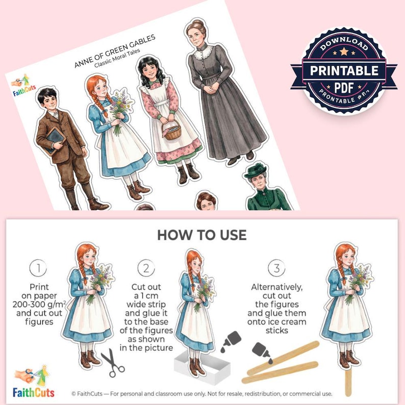 Puede incluir: PDF imprimible con mu&ntilde;ecas de papel de "Ana de las Tejas Verdes". Las ilustraciones representan personajes con ropa de &eacute;poca, incluyendo vestidos, trajes y gorros. La imagen incluye instrucciones sobre c&oacute;mo recortar y montar las figuras.