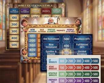 Bibelquiz Mega Bundle für Kirche | Jeopardy, Wheel, Reise & Millionär Spiele | Druckbar + Bildschirm + Mobile Host