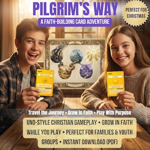Może przedstawiać: Obraz promocyjny dla "Pilgrim's Way", gry karcianej budującej wiarę. Dwoje młodych ludzi uśmiecha się i trzyma żółte karty. Tytuł gry jest w fioletowym tekście, ze sloganem "A Faith-Building Card Adventure". Gra jest opisana jako "Uno-Style Christian Gameplay".