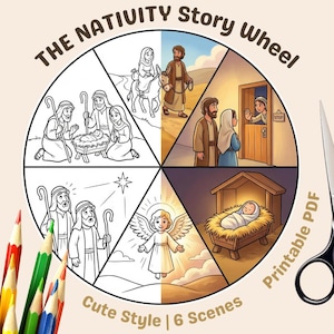 Pode incluir: Ilustração circular intitulada "The Nativity Story Wheel" com seis cenas do Natal. As cenas incluem o nascimento de Jesus, a viagem a Belém e a visita dos pastores. As palavras "Cute Style | 6 Scenes" estão na parte inferior.
