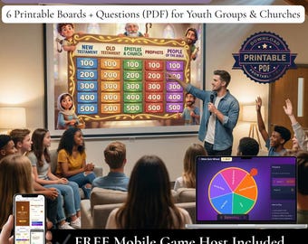 Bibel-Rad Quiz-Spiel | Niedliches Disney Inspiriertes Kirchen Spiel | Printable + Screen Wheel + Mobile Host App