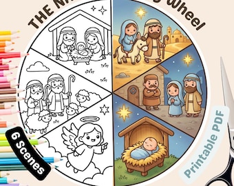 Chibi Nativity Story Wheel - Kawaii Christmas Coloring Page (PDF)