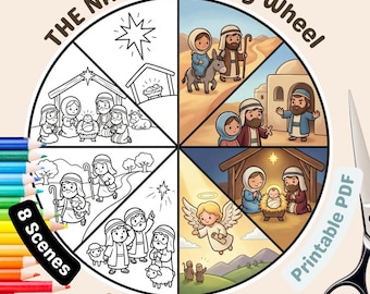 Kawaii Nativity Story Wheel - Christmas Coloring Page (PDF)