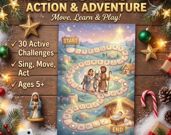 Weihnachts-Aktionsspiel zum Ausdrucken | Kinder Krippe Brettspiel | Aktives Spiel & Trivia | Sonntagsschule Aktivität