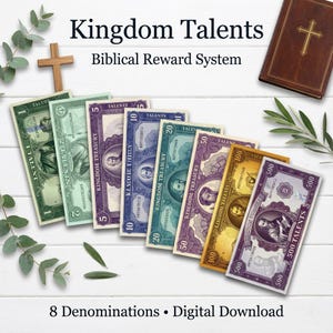 May include: An assortment of colorful "Kingdom Talents" bills, ranging from 1 to 500 denominations, arranged on a white wooden surface. The bills feature portraits and the text "Kingdom Treasury." The image includes a wooden cross and a closed book.