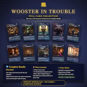 May include: A collection of ten sample cards from the "Wooster in Trouble" full card collection. The cards feature various characters and scenes, with text and illustrations. The complete bundle includes 100 cards, with different game modes.