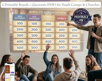 Bibel Quiz Spiel Bundle (6 Bretter) + 435 Fragen | Gefahrenspiel | Jugendgruppe, Kirche & Christliches Lager | KOSTENLOSER Handy Spiel Host