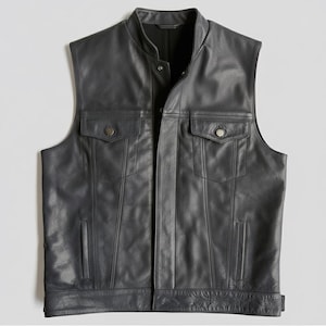 Męska czarna skórzana kamizelka – kołnierz stójka, zatrzaski, styl motocyklowy