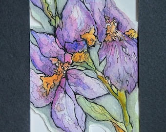 Lila Iris zerrissene Kante Original Aquarellmalerei - mit Passepartout 8x10