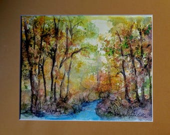 Acuarela original: Paisaje otoñal de arroyo, 8x10 pulgadas, enmarcada en un marco de 11x14 pulgadas.