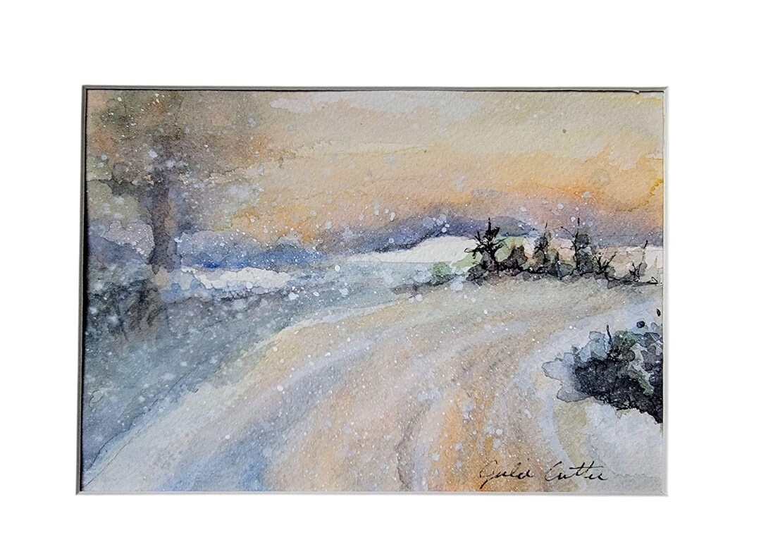 Winter Forest Road Watercolor Painting: Snowy Landscape Art (5x7 Matted ...