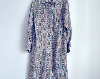 Vintage Schrader poliéster manga larga tono joya impreso vestido de camisa midi sz 12