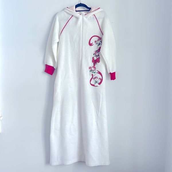 Vintage plush acrylic hooded maxi full zip Christmas house coat robe sz L