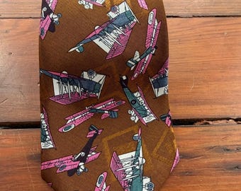 Vintage Francois polyester vliegtuig luchtvaart nieuwigheid print stropdas