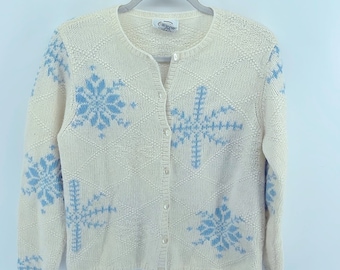 Vintage Talbots corderos lana angora mezcla copo de nieve botón hasta cuello redondo cardigan S