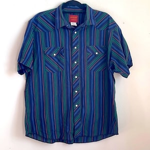 Rustler X-Long Tails striped pearl snap short sleeve western yolk rodeo shirt