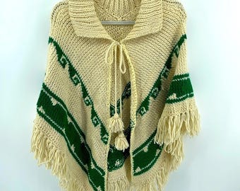 Handmade boho hippie tie front tassel hem poncho sz OS
