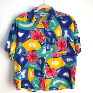 Vintage 80s Gitano hawaiian geometric button top