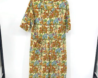 Vintage handmade elephant lion India inspired printed button up midi shirt dress