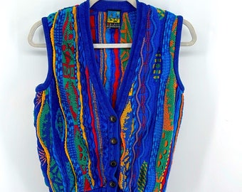 Vintage Emaroo Australia crazy colorful V-neck textured knit sweater vest mens S