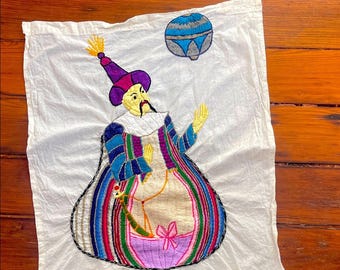 Vintage Handmade Embroidered Jester Textile Art Tapestry
