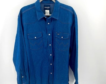 Vintage Wrangler pearl snap western rodeo denim jean yoked shirt sz 18x38