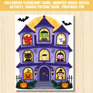 Może przedstawiać: Drukowna gra z latarką na Halloween przedstawiająca fioletowy nawiedzony dom na tle dużego żółtego księżyca. W oknach widać czerwonego diabła, zielonego potwora, białego ducha, czarnego kota, mumię, wampira, dynię i sowę. Tekst: HALLOWEEN FLASHLIGHT GAME, HAUNTED HOUSE REVEAL ACTIVITY, HIDDEN PICTURE GAME, PRINTABLE PDF.