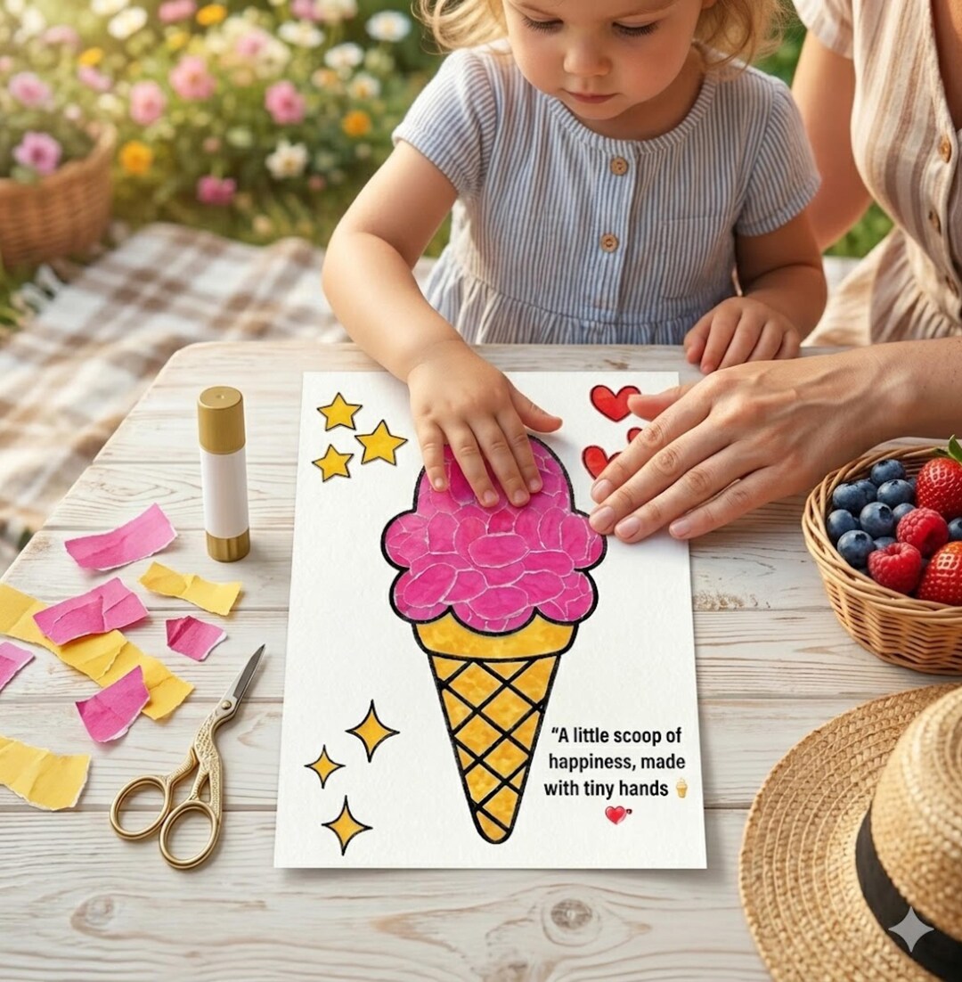 Ice Paper Ripping Craft Torn or Tissue Paper Ice Cream Craft: Printable Summer Activity (PDF ...