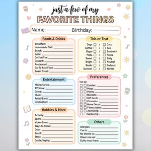 Puede incluir: Un cuestionario imprimible en colores pastel titulado "Just a Few of My Favorite Things". Incluye secciones para alimentos, entretenimiento, aficiones y preferencias. La parte superior dice "Just a Few of My Favorite Things".